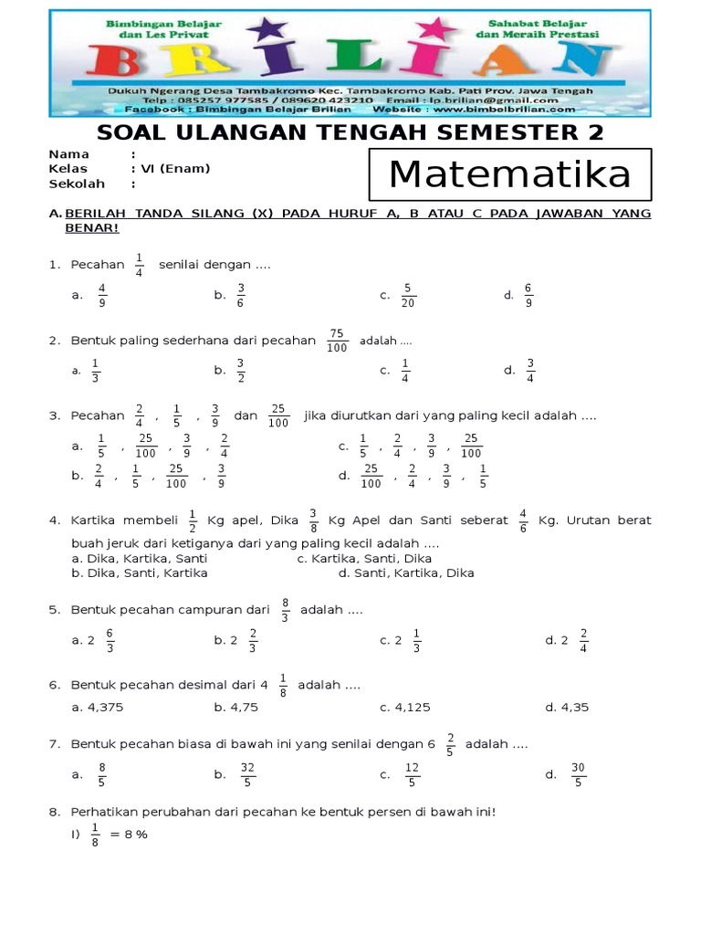 soal matematika semester 2 kelas 2