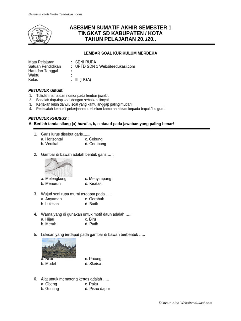Soal Seni Rupa SD Kelas III Kurikulum Merdeka PDF Soal Seni Rupa SD Kelas III Kurikulum Merdeka PDF