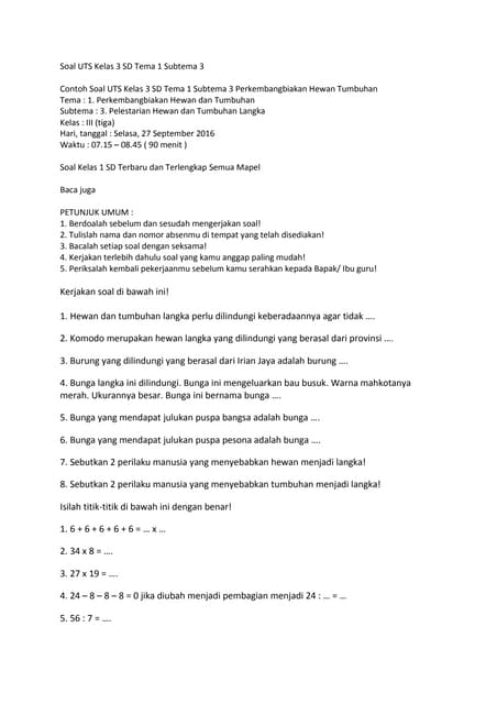 Ini Dia 7 Contoh Soal UTS Kelas 3 SD Kurikulum 2013 Fase B Semester 1 Tahun 2026 Ini Dia 7 Contoh Soal UTS Kelas 3 SD Kurikulum 2013 Fase B Semester 1 Tahun 2026