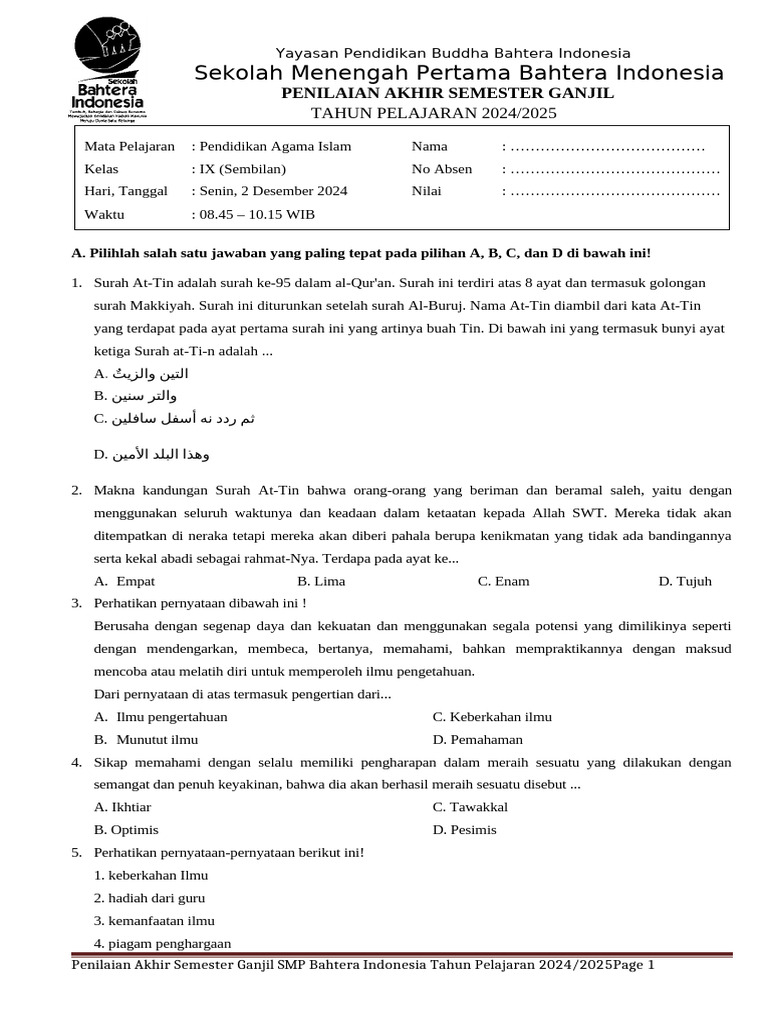 Soal UAS PAI Kelas 9 Semester 1 PDF Soal UAS PAI Kelas 9 Semester 1 PDF