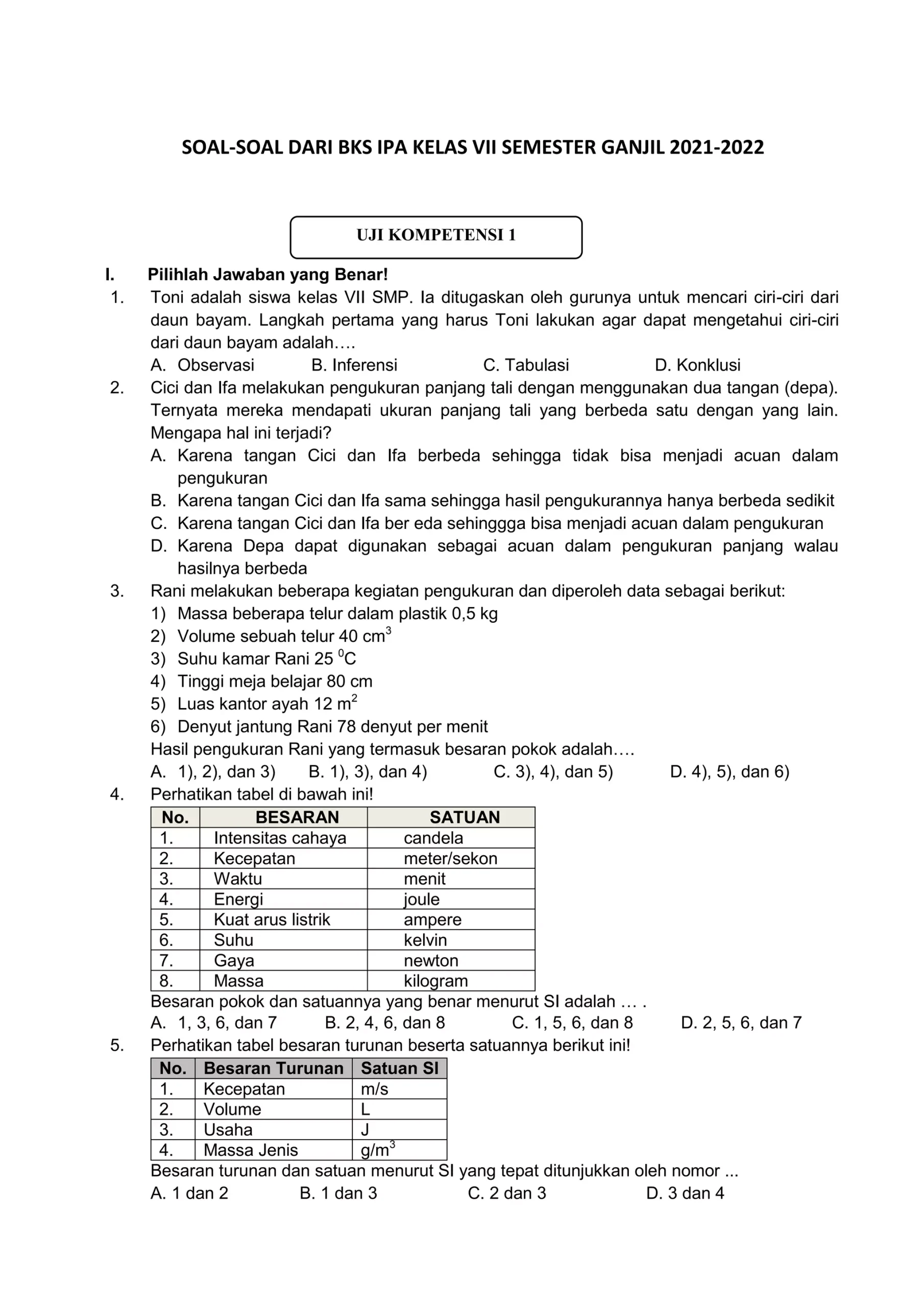 KUMPULAN SOAL IPA SMP KELAS 7 SEMESTER 1 PDF