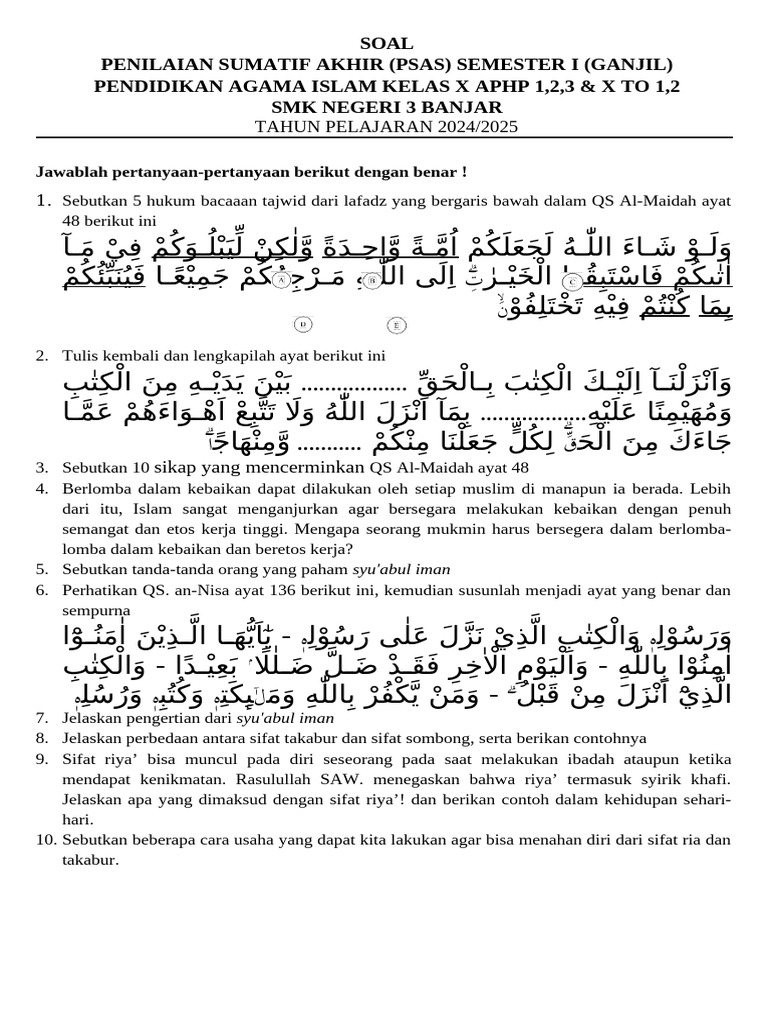 Soal Penilaian Akhir PAI Kelas X SMK PDF