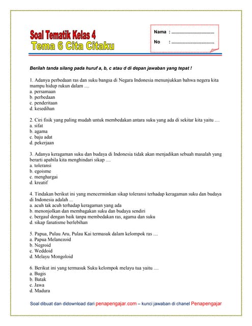 Soal tema 6 kelas 4 subtema 1 PDF Soal tema 6 kelas 4 subtema 1 PDF