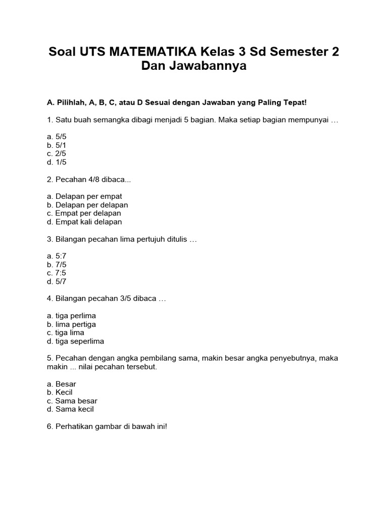 Soal UTS Matematika Kelas 3 Semester 2 PDF Soal UTS Matematika Kelas 3 Semester 2 PDF