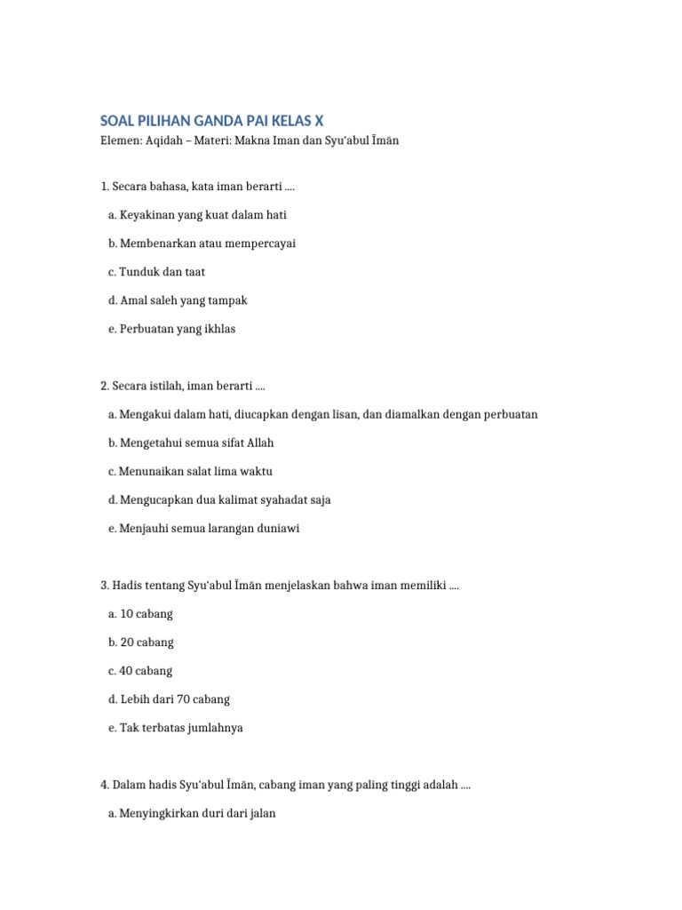 Soal PAI Kelas X Iman dan Syu abul Īmān PDF