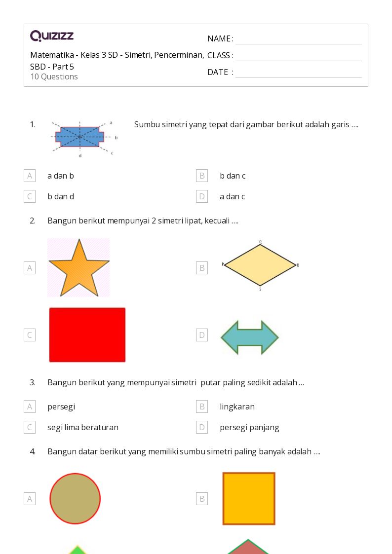 50 lembar kerja Garis Simetri untuk Kelas 4 di Quizizz Gratis
