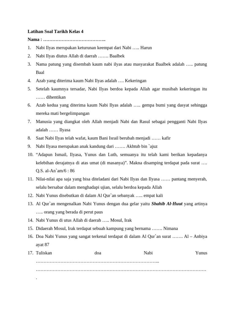 Latihan Soal Tarikh Nabi untuk Kelas 4 PDF Latihan Soal Tarikh Nabi untuk Kelas 4 PDF
