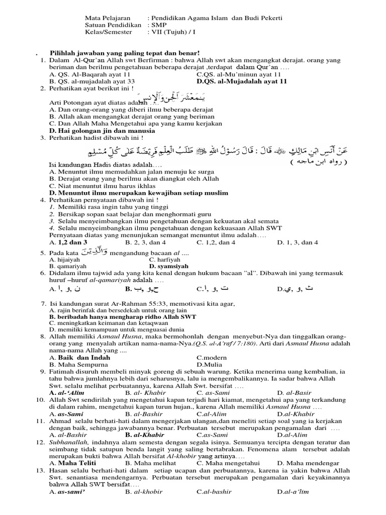 Soal PAI Kelas 7 Semester 1 PDF