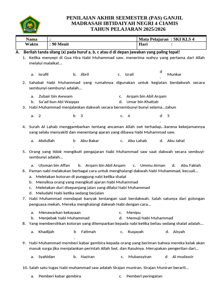 Soal PAS SKI Kelas 4 MI 2025 2026 PDF Soal PAS SKI Kelas 4 MI 2025 2026 PDF