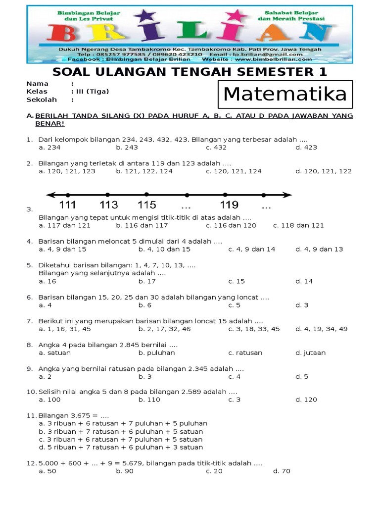Soal UTS Matematika Kelas 3 SD Semester 1 Ganjil Dan Kunci Jawaban PDF Soal UTS Matematika Kelas 3 SD Semester 1 Ganjil Dan Kunci Jawaban PDF