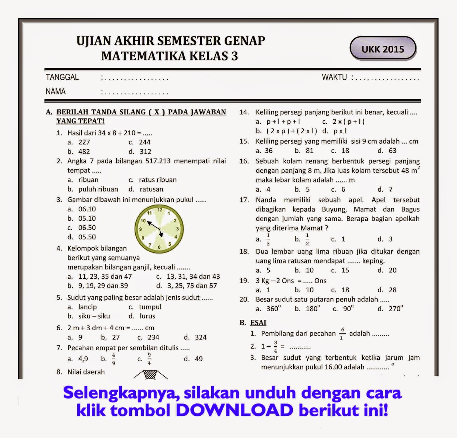 contoh soal dan jawaban matematika kelas 3 ukk semester 2