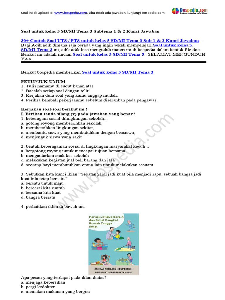 Soal UTS PTS Kelas 5 SD Tema 3 PDF Ilmu Sosial Kajian Bahasa Asing Soal UTS PTS Kelas 5 SD Tema 3 PDF Ilmu Sosial Kajian Bahasa Asing