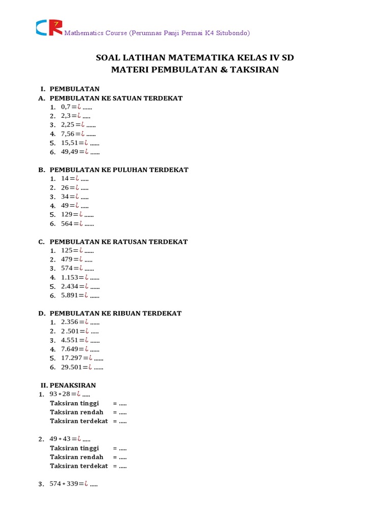 latihan soal taksiran kelas 4