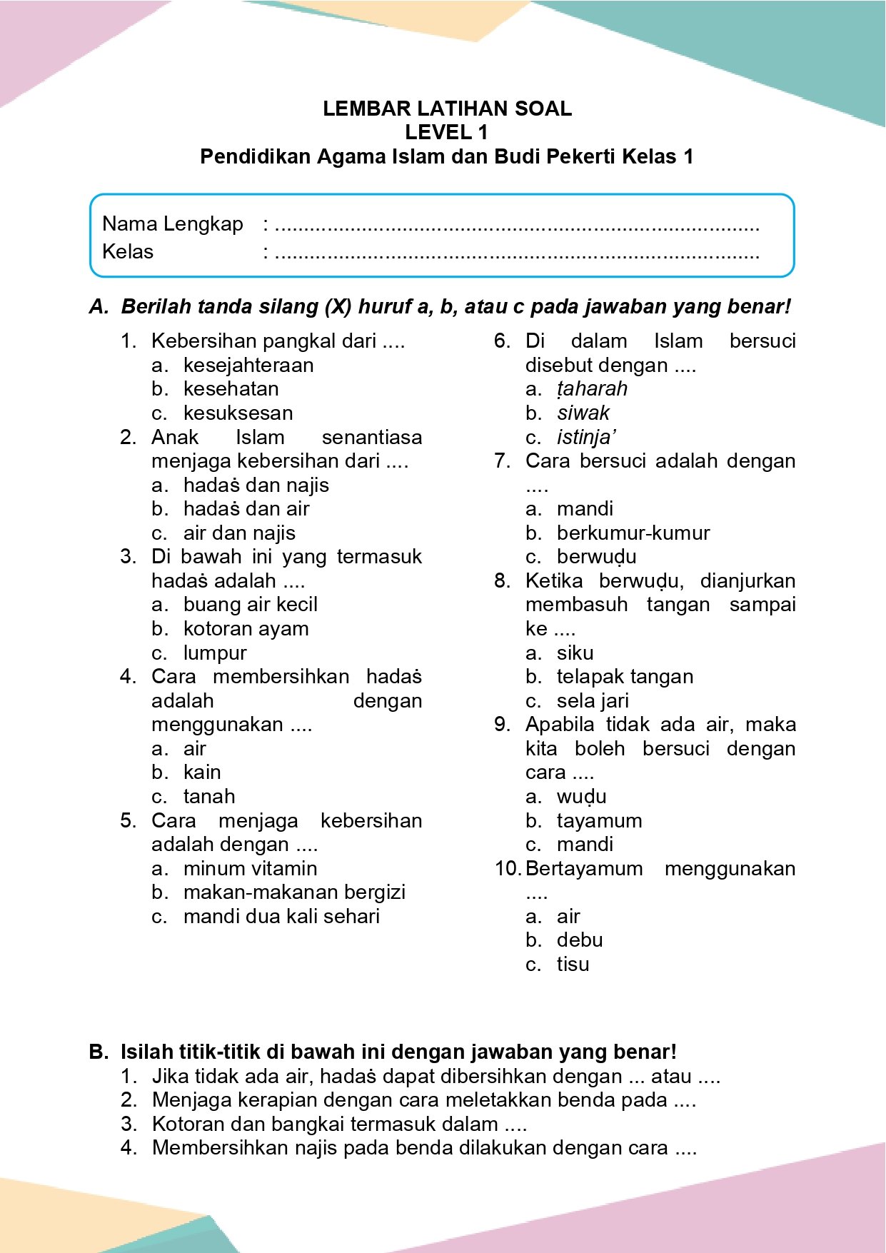 Latihan Soal PAI Budi Pekerti Kelas 1 Bab 9 - Daring Nur Hidayah Press Latihan Soal PAI Budi Pekerti Kelas 1 Bab 9 - Daring Nur Hidayah Press