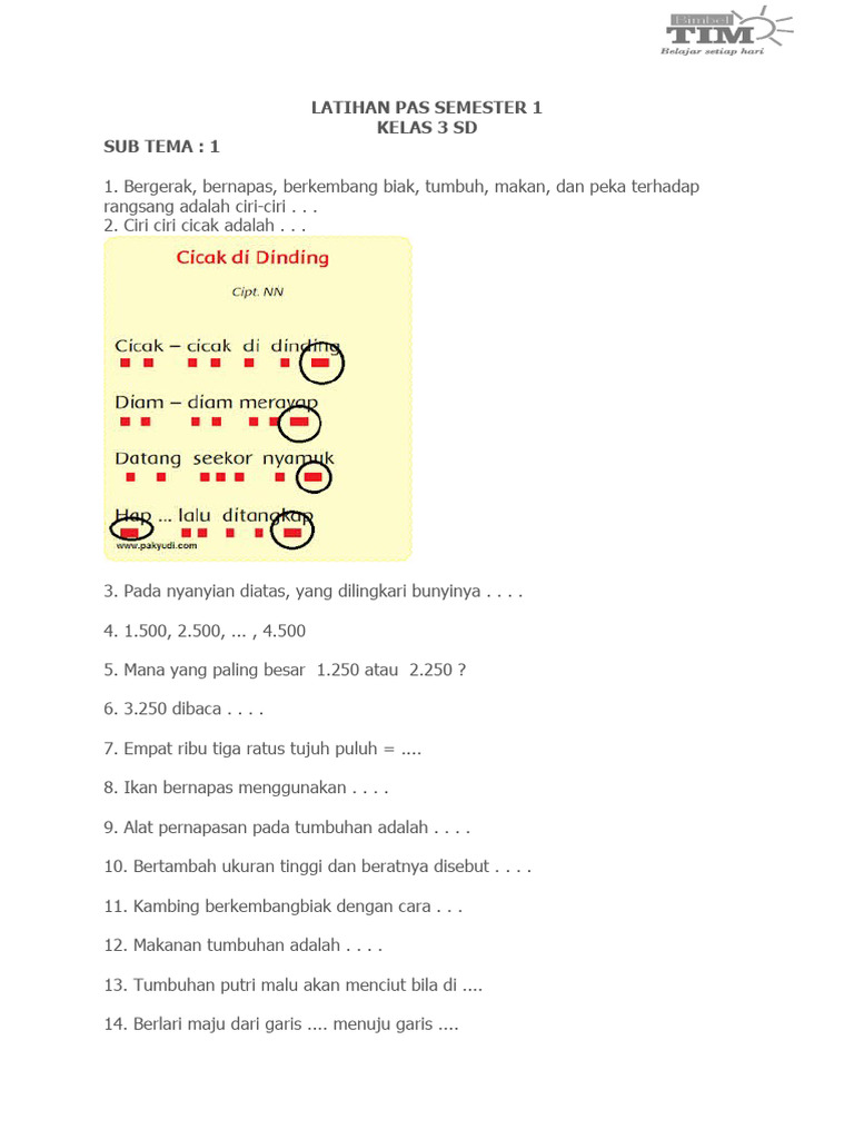 Rahasia Cepat Pintar Lewat Kumpulan Soal Soal Latihan Tematik 1 Kelas 3 SD Terbaru