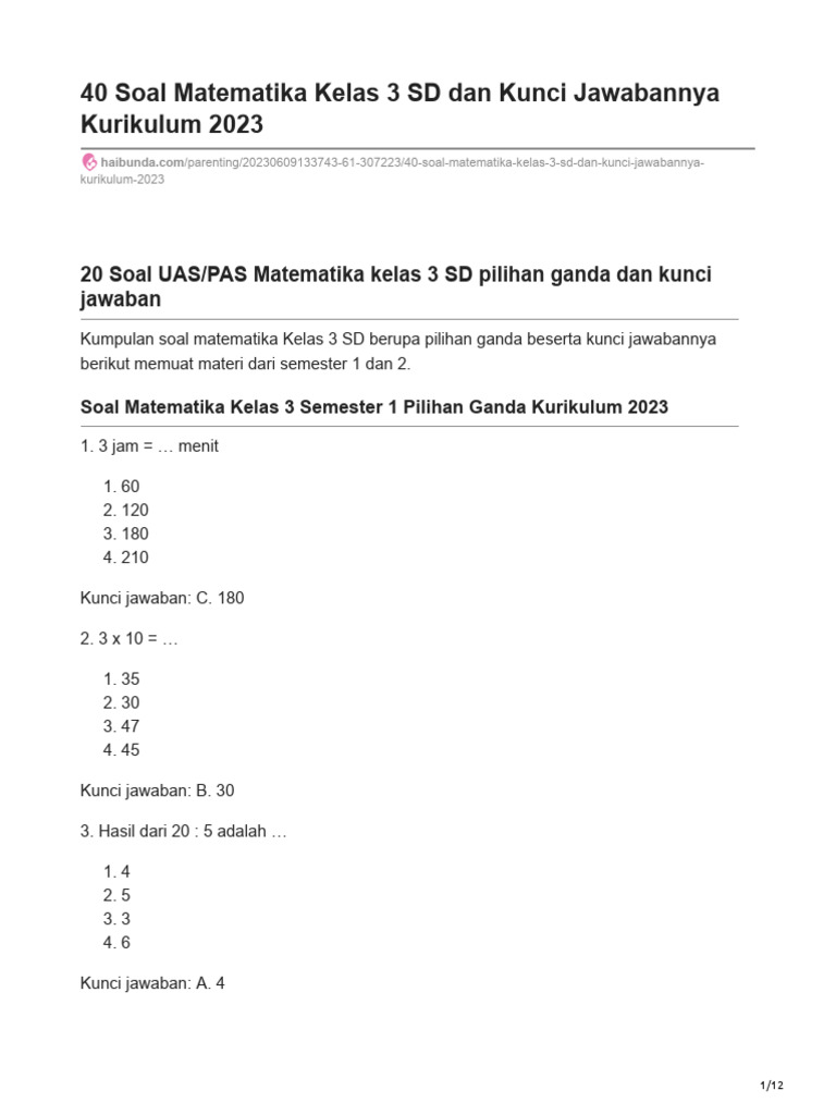 Ternyata Ini Rahasia Cepat Paham Soal Soal Math Kelas 3 Dengan Kunci Jawaban Terlengkap